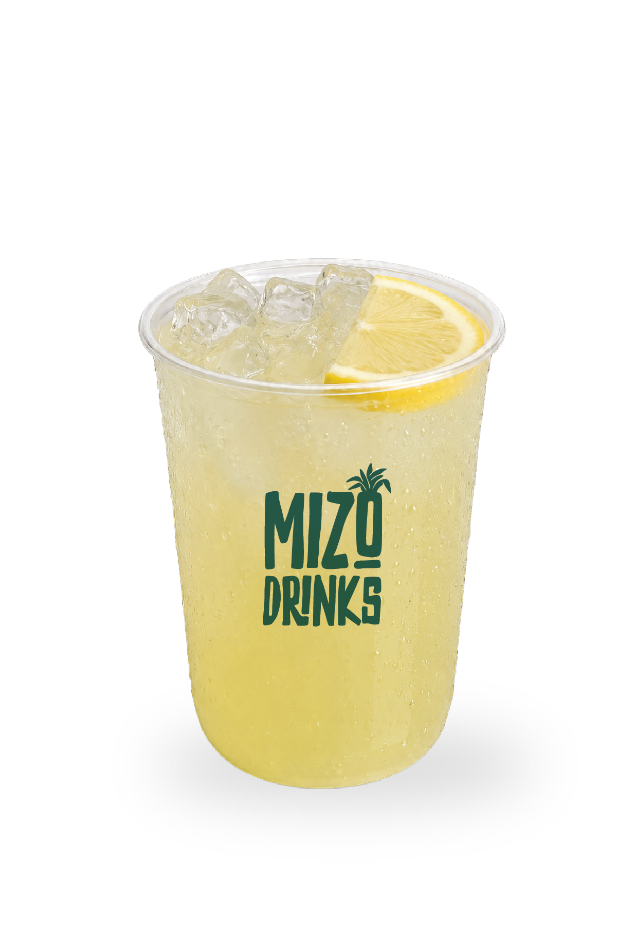 A clear plastic cup filled with a yellow lemonade drink with ice cubes and a lemon wedge on top, featuring a label that reads 'Mizo Drinks' with a small palm tree icon.