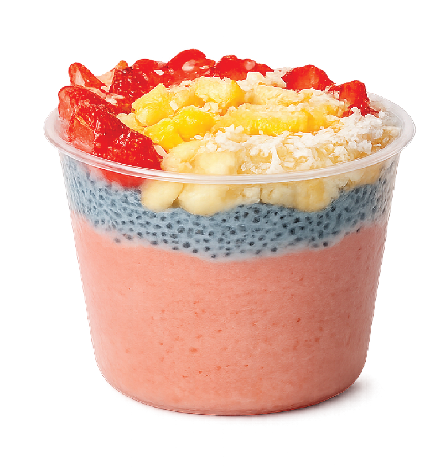 A smoothie cup containing pink fruit-based smoothie with layers of chia pudding, and topped with strawberries, pineapple, and granola.