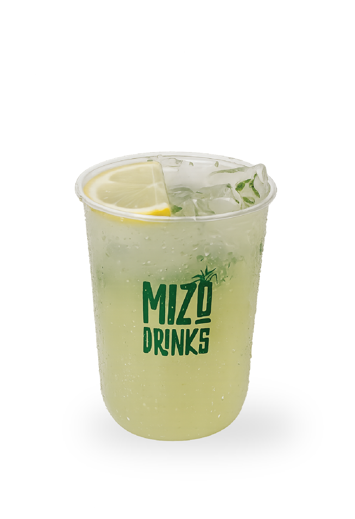 A clear plastic cup filled with a pale yellow-green drink, ice cubes, a lemon wedge, and green herbs, with 'MIZ'! DRINKS' written on the cup.