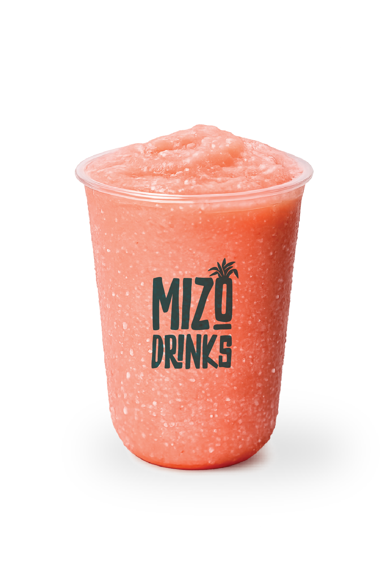 A pink frozen drink in a clear plastic cup with the words "Mizo Drinks" and a small palm tree logo printed on it.
