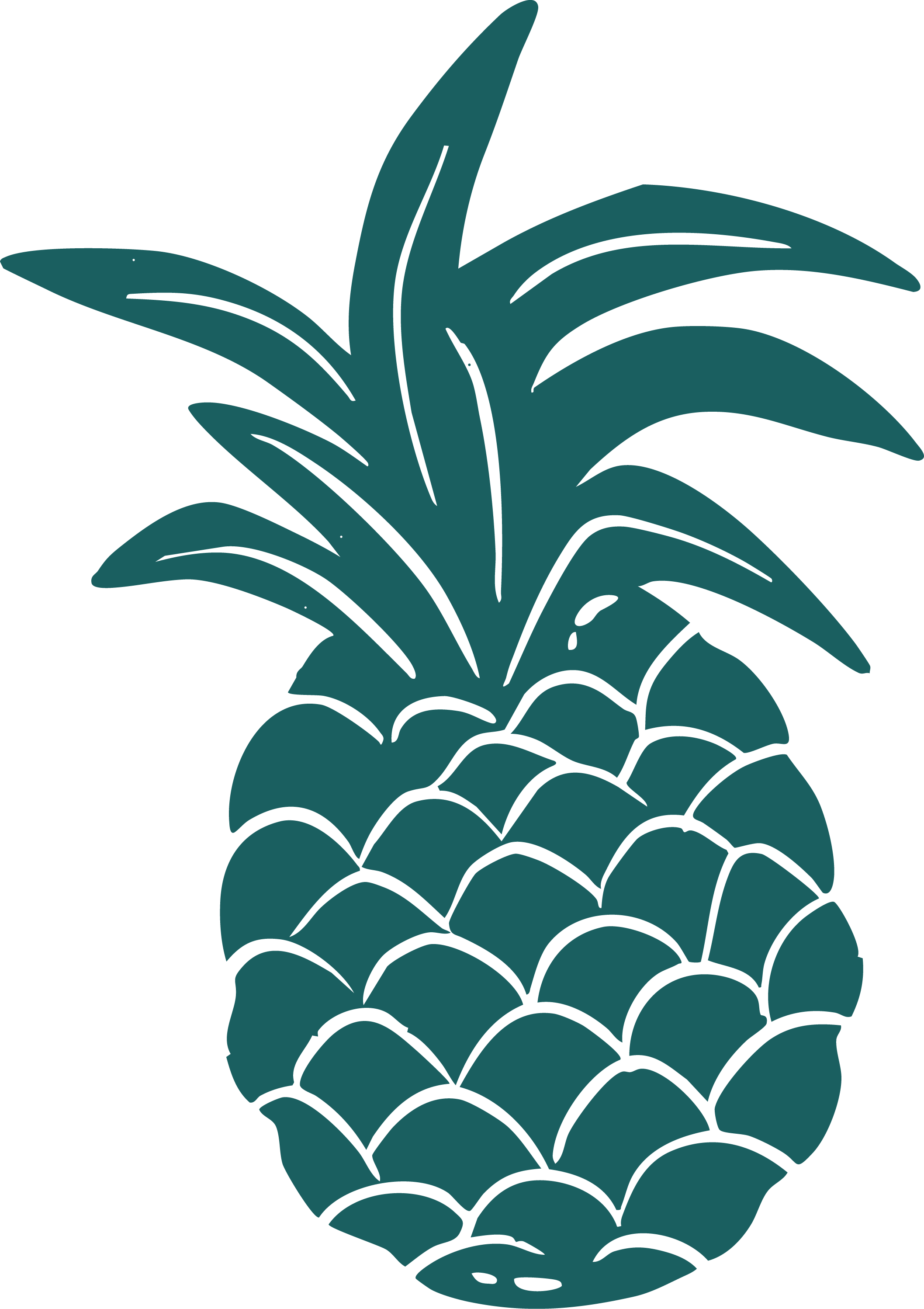 A stylized illustration of a pineapple with spiky leaves on top and a patterned body.