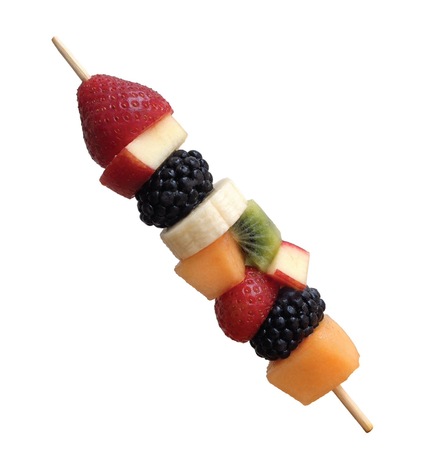 Skewered fruit with strawberries, blackberries, banana, kiwi, melon, and apple slices on a wooden stick.