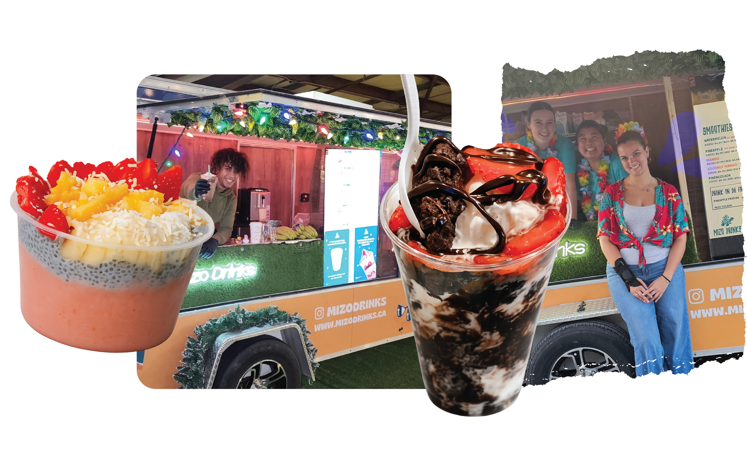 Two ice cream sundaes with strawberries, pineapple, chocolate syrup, and whipped cream in front of a food truck with a smiling girl in a colorful shirt and two women behind the counter.