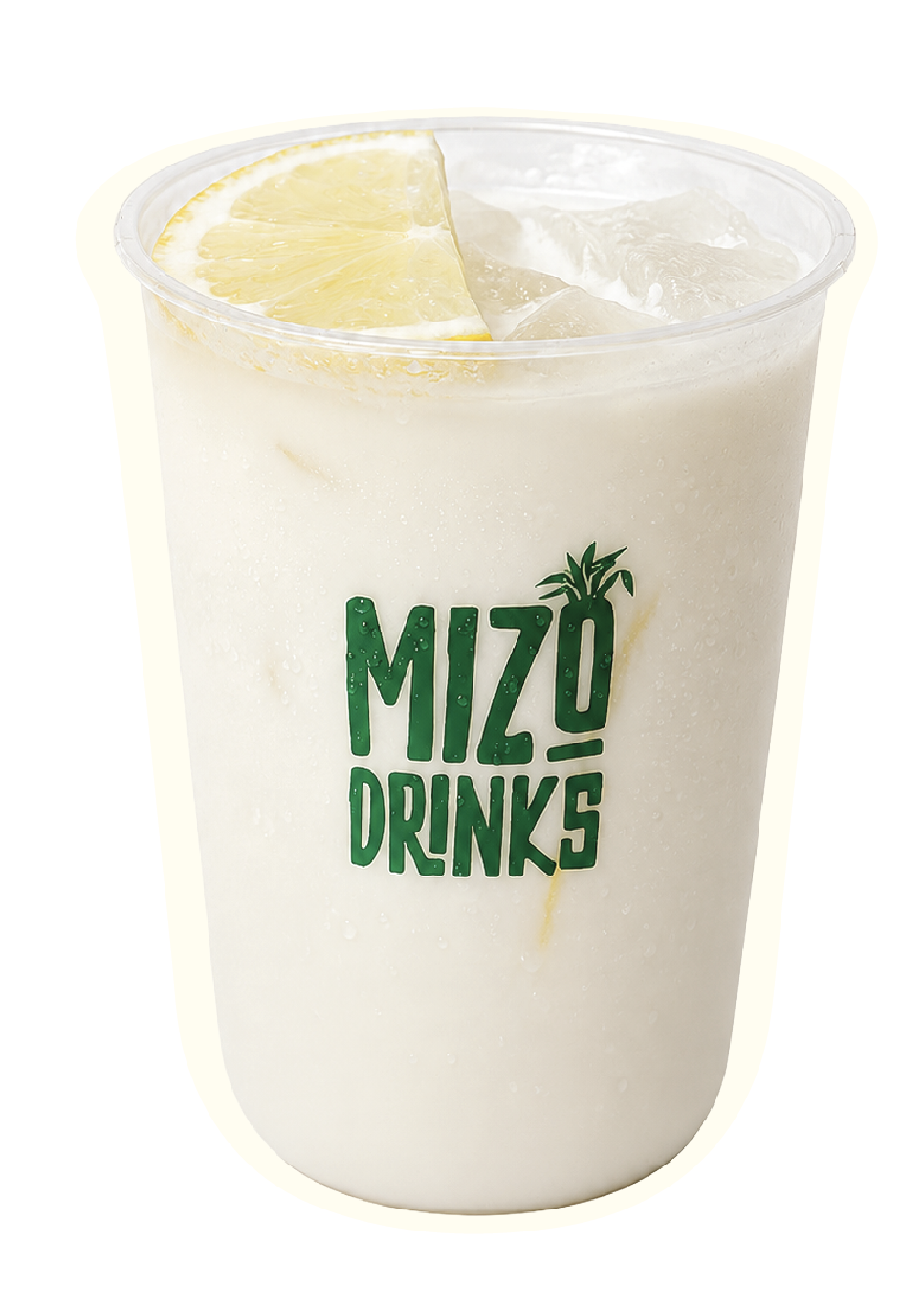 A cup of lemon-flavored drink with ice and a lemon slice on top, labeled Wizards Drinks.