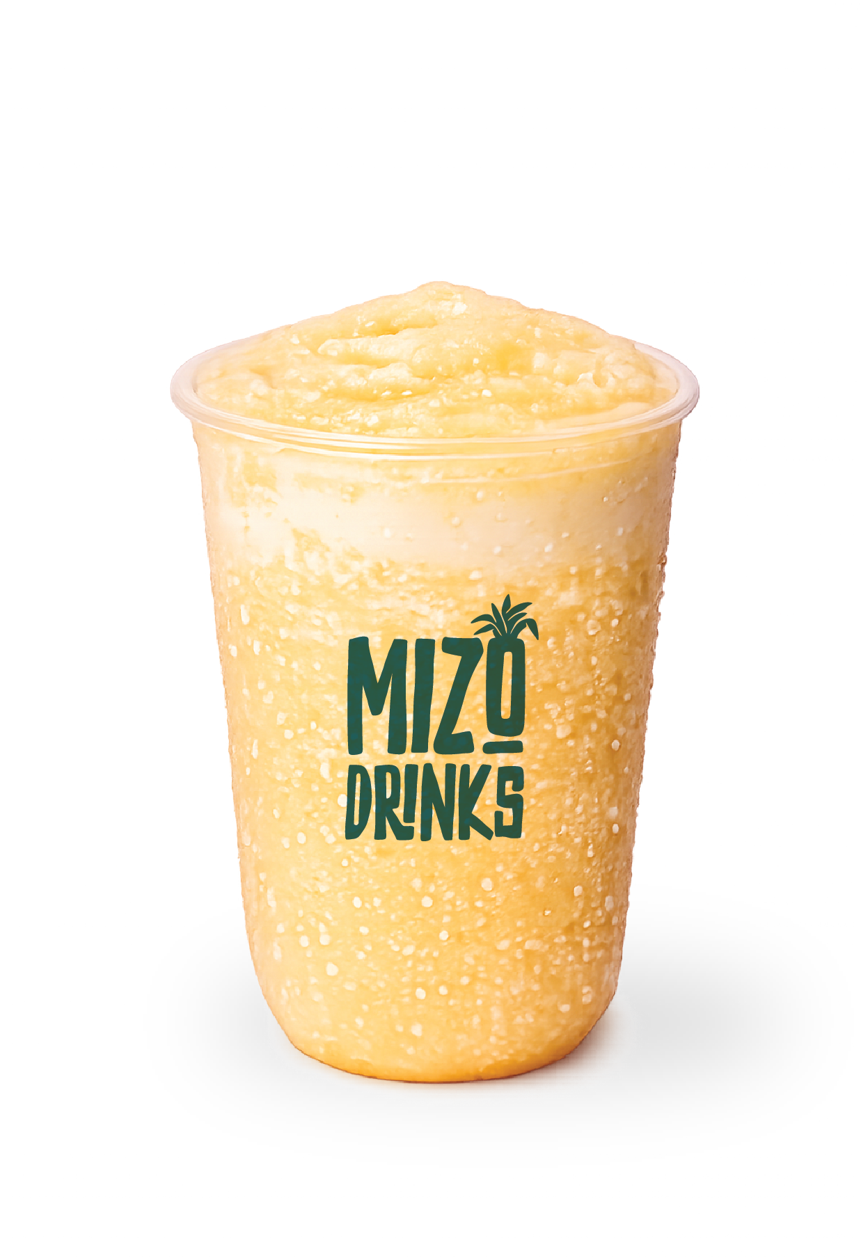 A yellow frozen drink in a clear cup with the logo 'Mizo Drinks' and a pineapple icon, condensation on the outside of the cup.