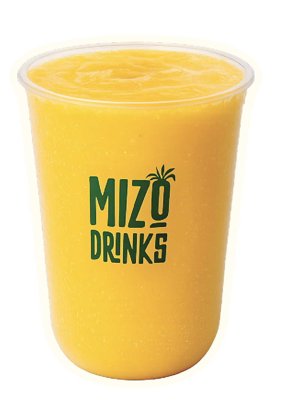 A clear plastic cup filled with yellow mango smoothie, with the logo 'Mizo Drunks' on the front