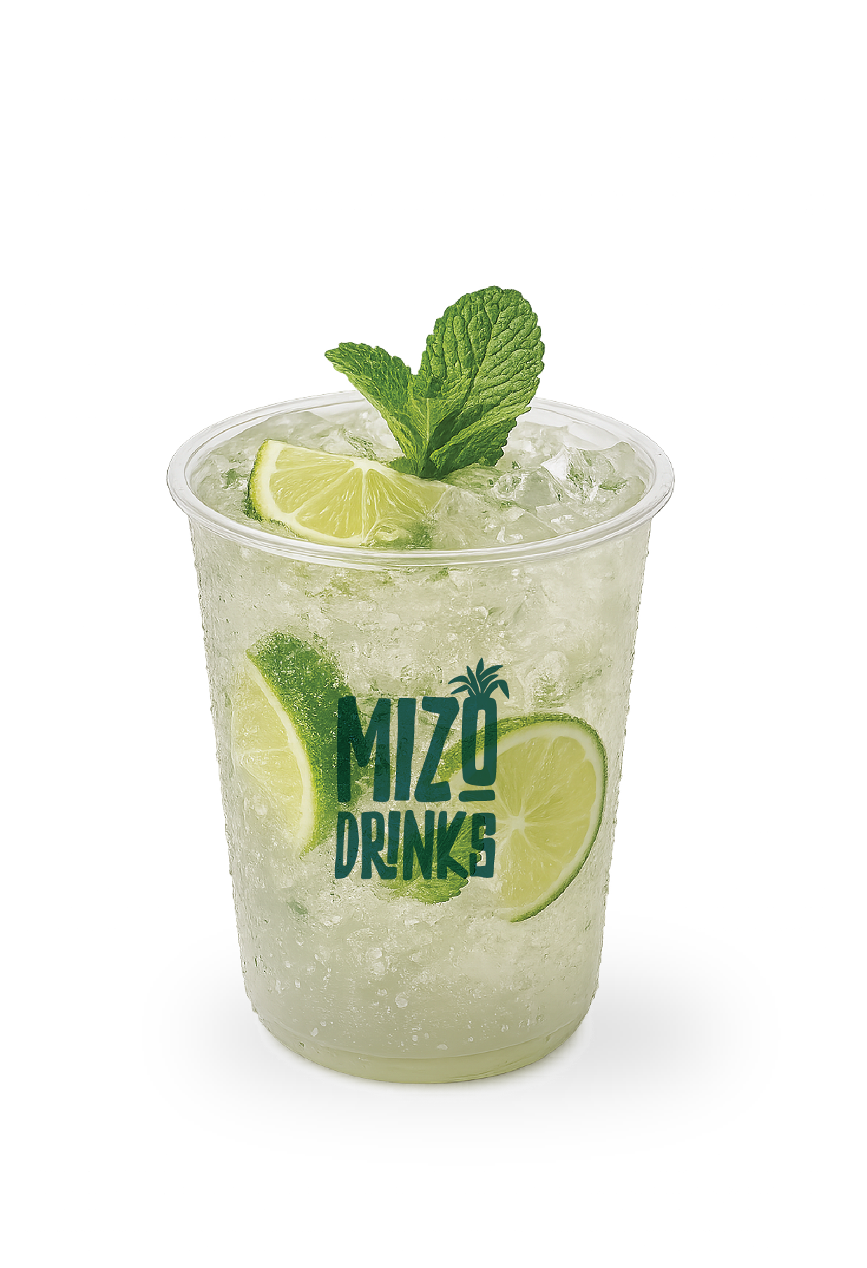 A clear plastic cup with a lime and mint leaf garnished mojito drink filled with ice and lime slices, labeled 'Mizo Drinks' on the front.