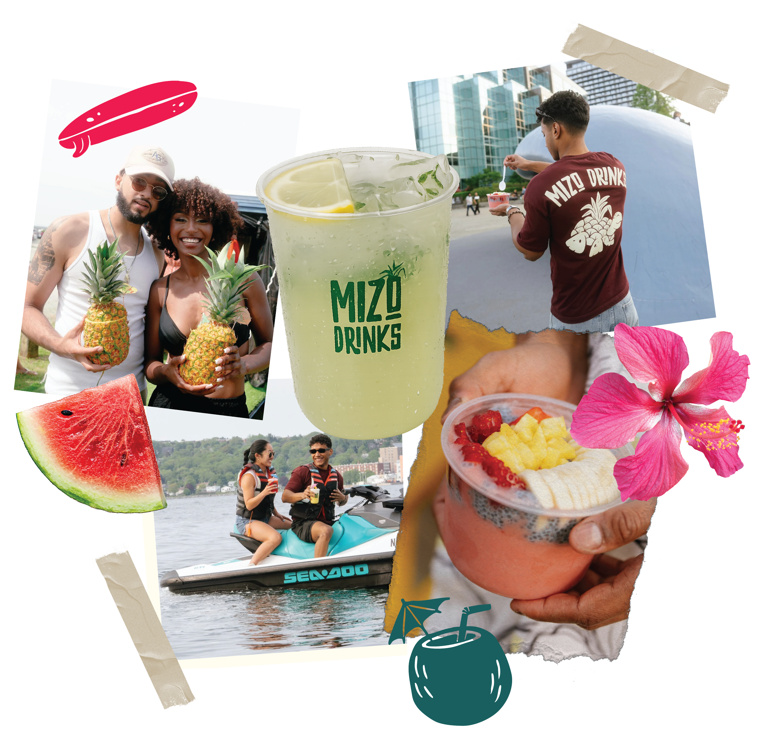 Collage of people enjoying summer activities, including a man and woman holding pineapples, a man on a jet ski, and a close-up of a hand holding a tropical drink with a lemon wedge, surrounded by colorful flowers and water.