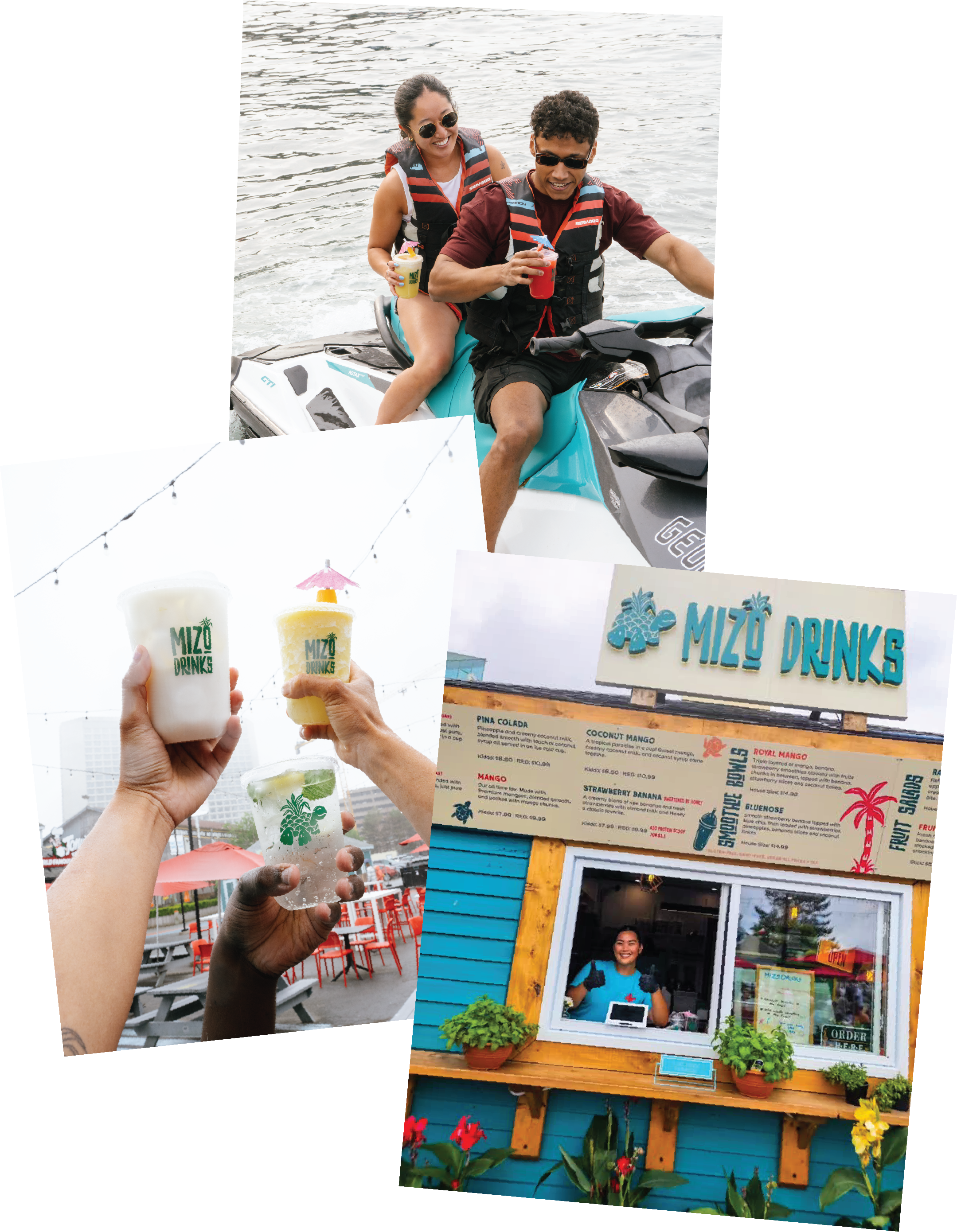 Two people riding a jet ski on a body of water, holding drinks with tropical designs, smiling and wearing life jackets.