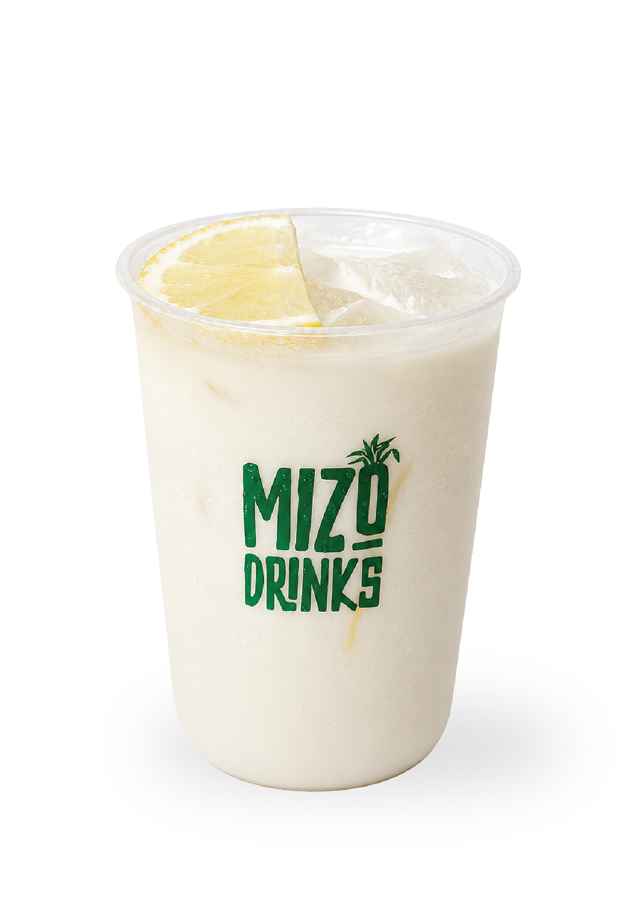 A clear plastic cup filled with a creamy white beverage, with a lemon wedge on the rim and ice cubes inside. The cup has a green logo that says "Mizo Drinks" with a stylized palm tree graphic.