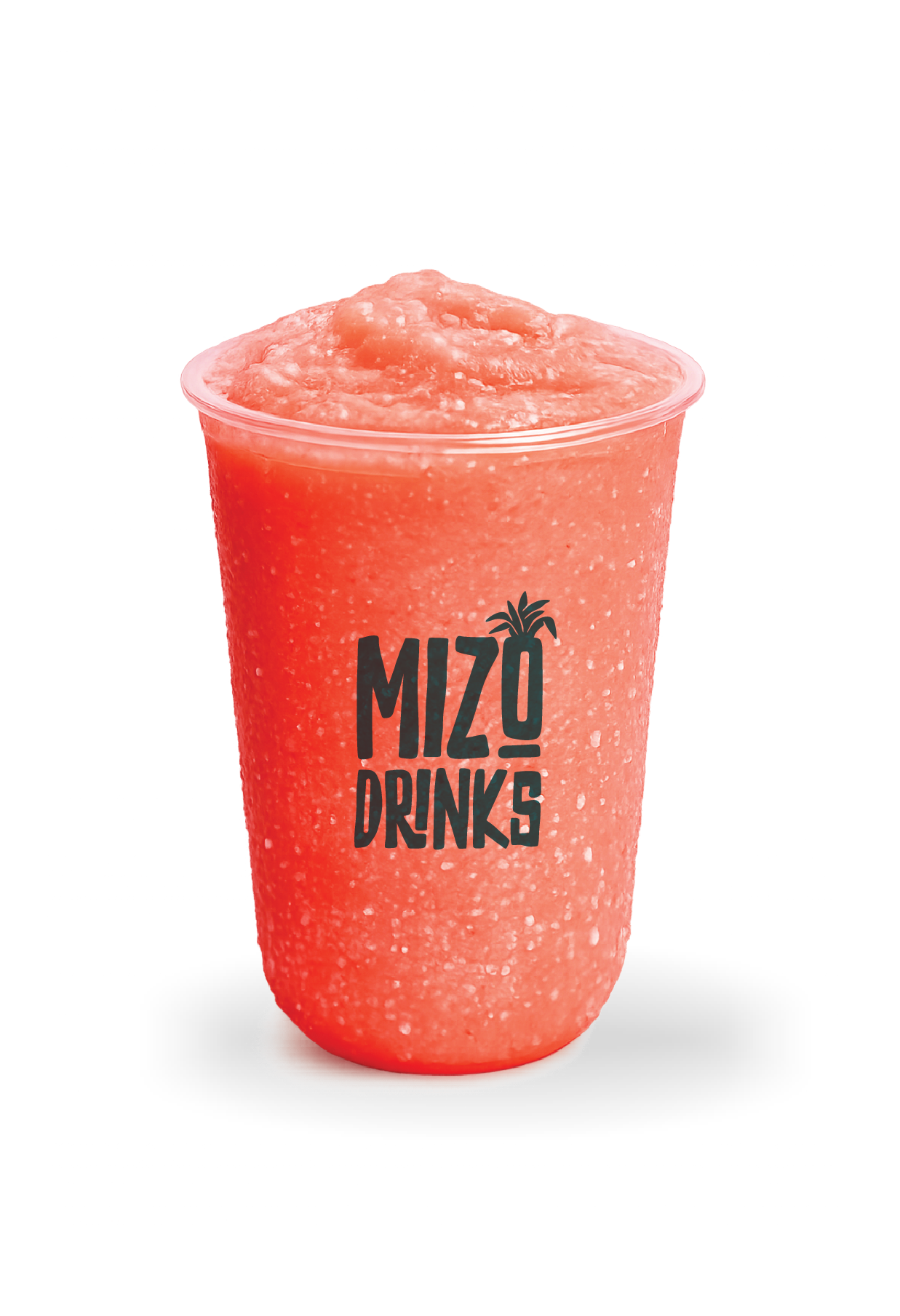 A pink, icy slush drink in a clear cup with the logo 'Mizo Drinks' and an illustration of a pineapple, topped with crushed ice.