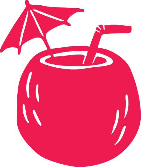 Illustration of a pink coconut drink with a straw and an umbrella.