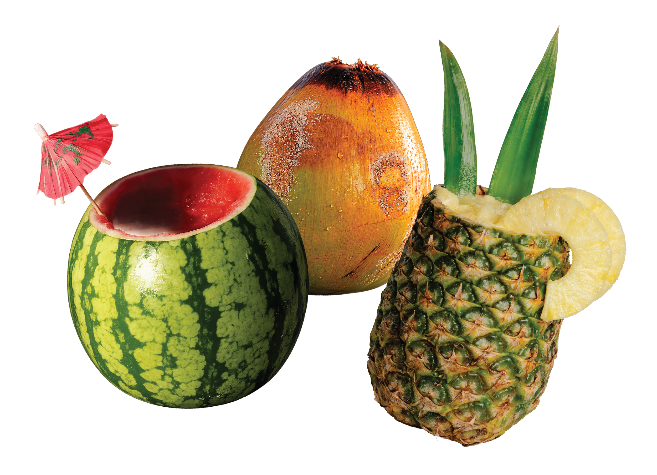 A watermelon with a slice cut out, a pineapple with green leaves, and a whole onion with water droplets on its surface.