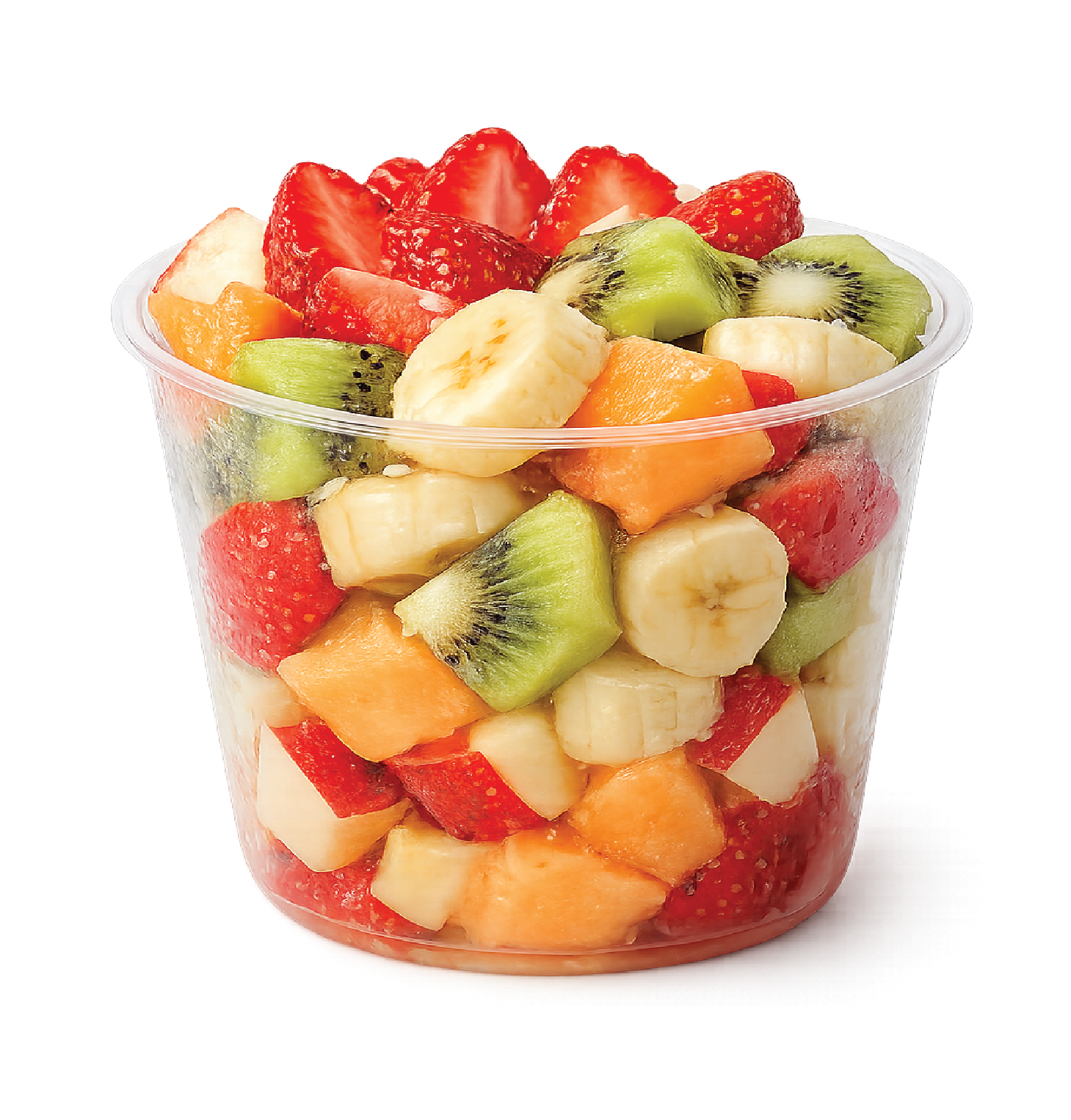 A clear plastic cup filled with a colorful mix of chopped fresh fruit, including strawberries, bananas, kiwi, cantaloupe, honeydew, watermelon, and pineapple, against a white background.