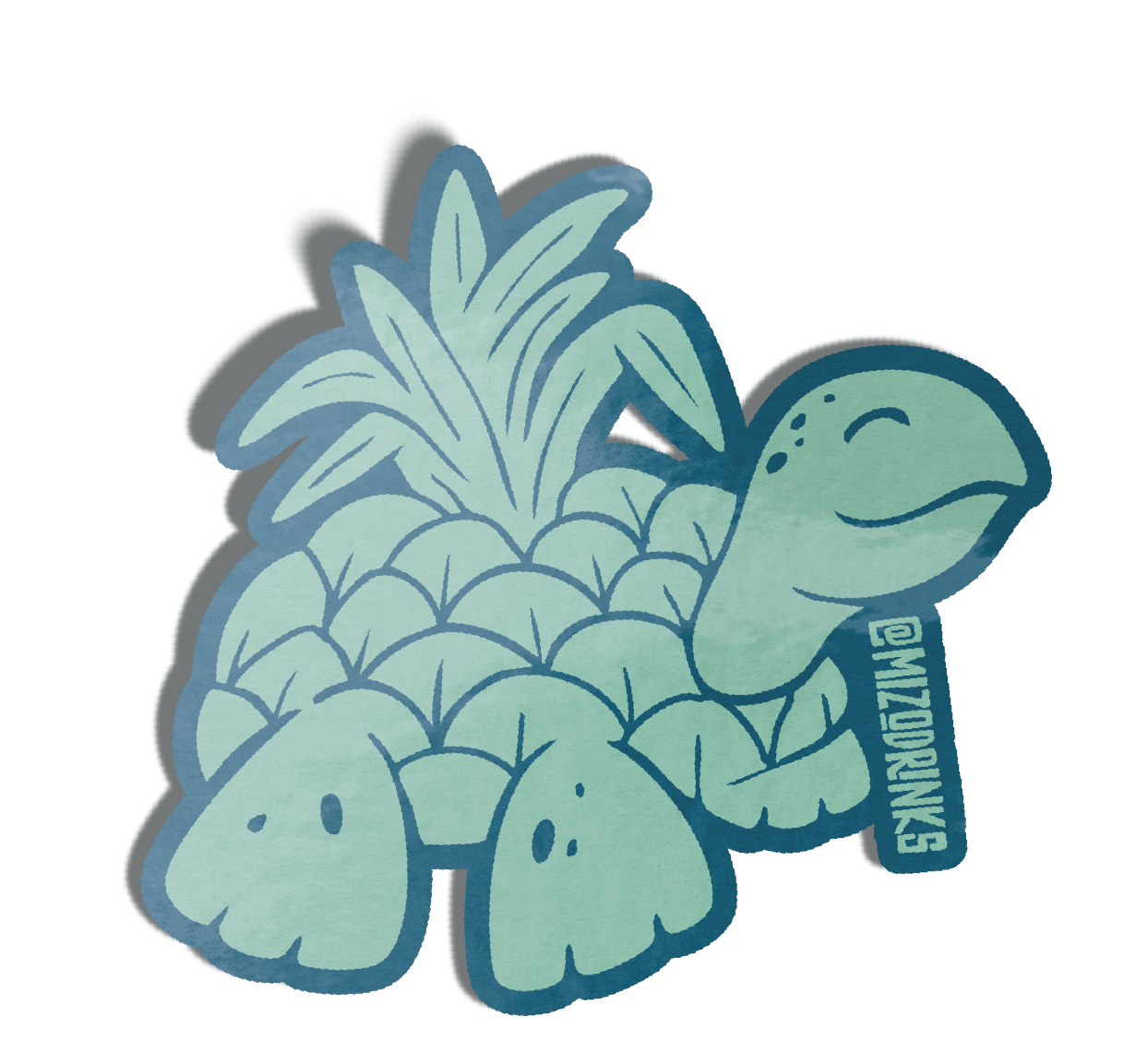 A cute sticker featuring a smiling, cartoon pineapple with leaf crown and fruit slices of pineapple, papaya, and melons in front. Text reads '@MIZIKI2S'.