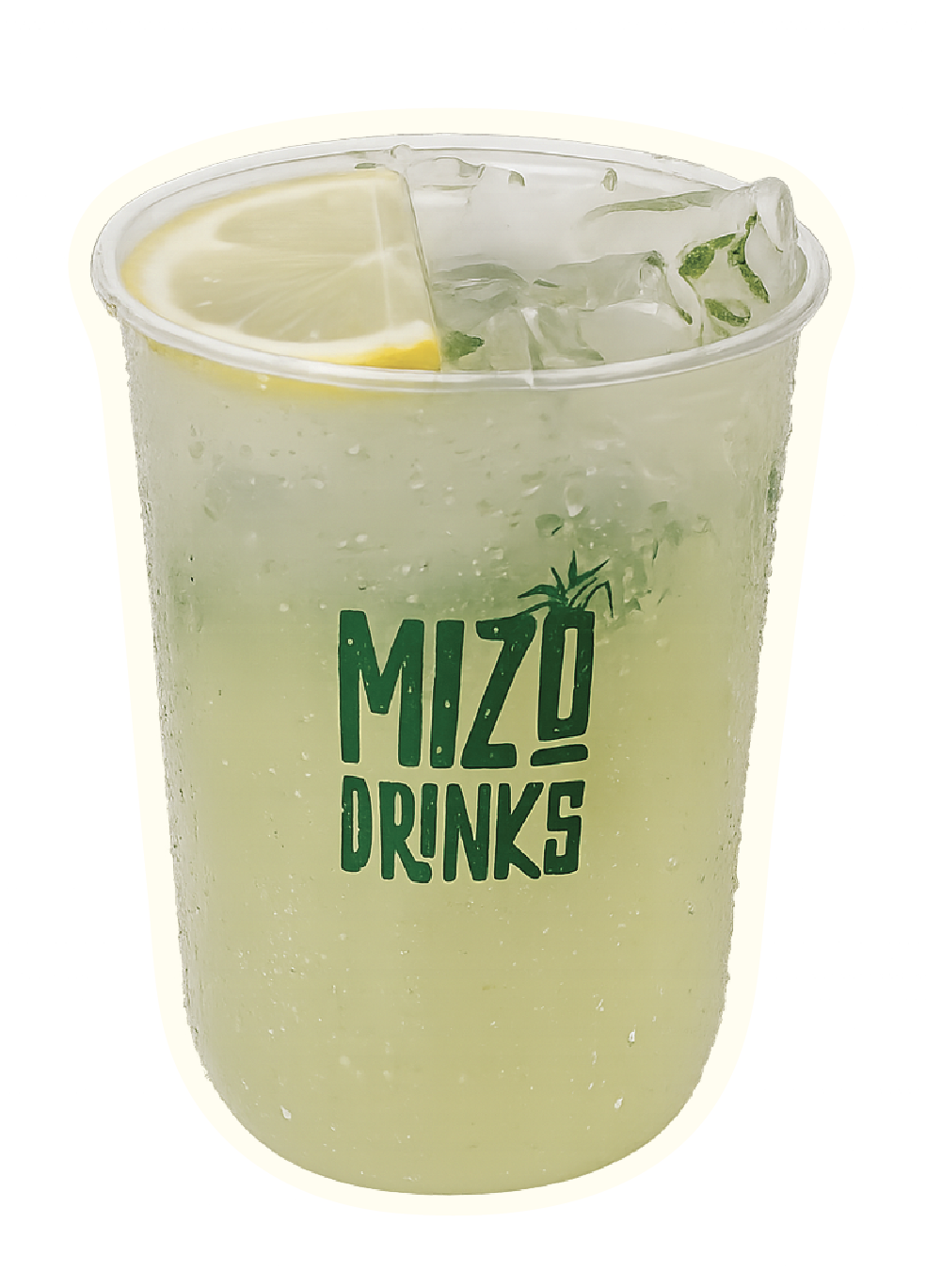 A cold, lemon-infused beverage with ice in a clear plastic cup featuring a green logo that says 'Mizo Drinks' and a lemon wedge on top.