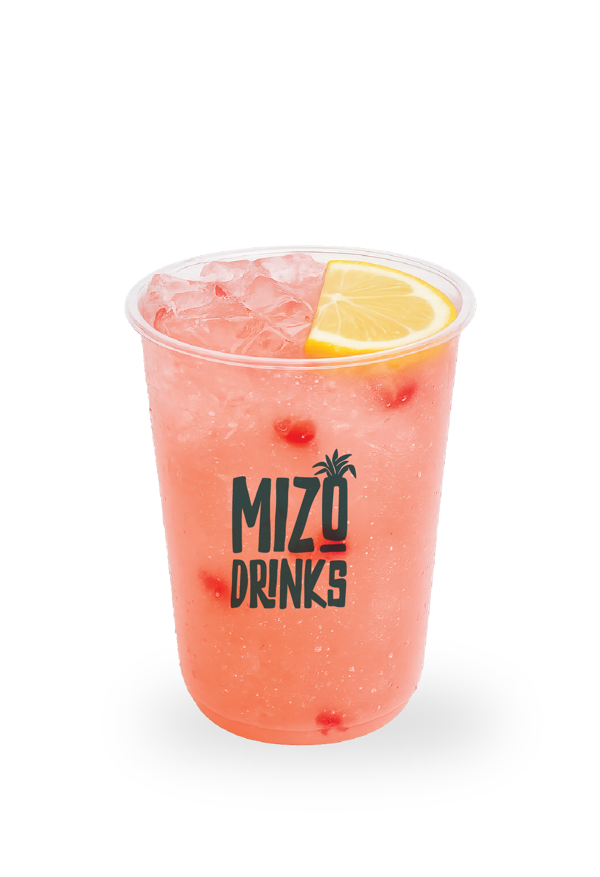A transparent plastic cup filled with pink fruit beverage with ice, garnished with a lemon wedge, and the words 'Mizo Drinks' printed on it.