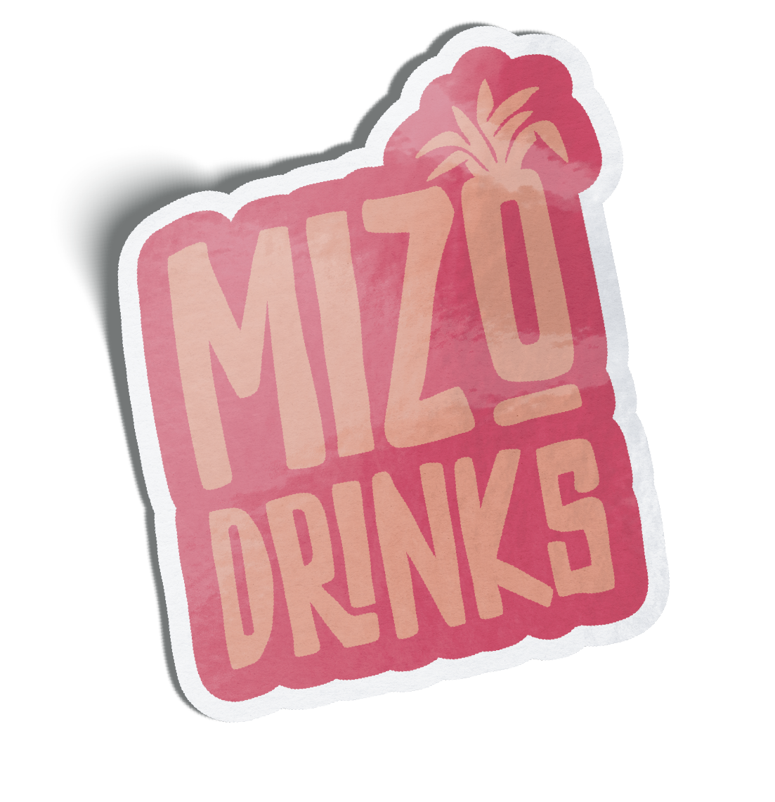 Sticker with pink background and beige letters reading "MIZU DRINKS" with a small pink pineapple graphic at the top right corner.