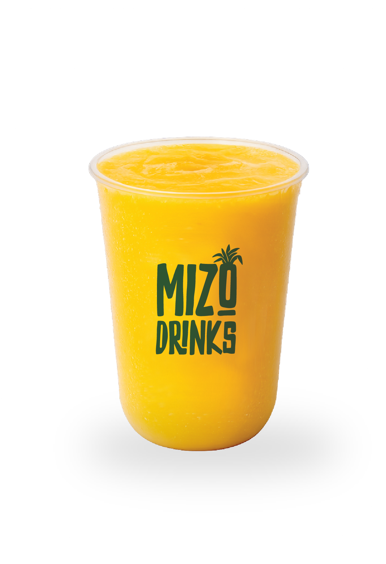 A yellow mango smoothie in a transparent plastic cup with a yellow-orange mango drink inside. The cup has green text that reads 'Mizo Drinks' with a small palm tree illustration. The background is black.