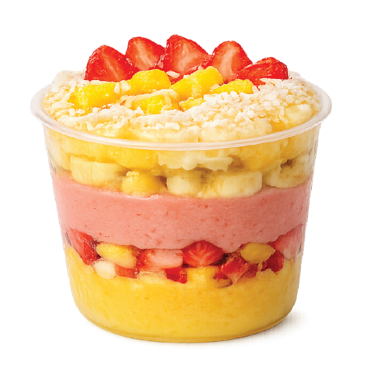 Layered fruit parfait in a clear cup, with strawberries, bananas, mango, and a pink berry-flavored layer.
