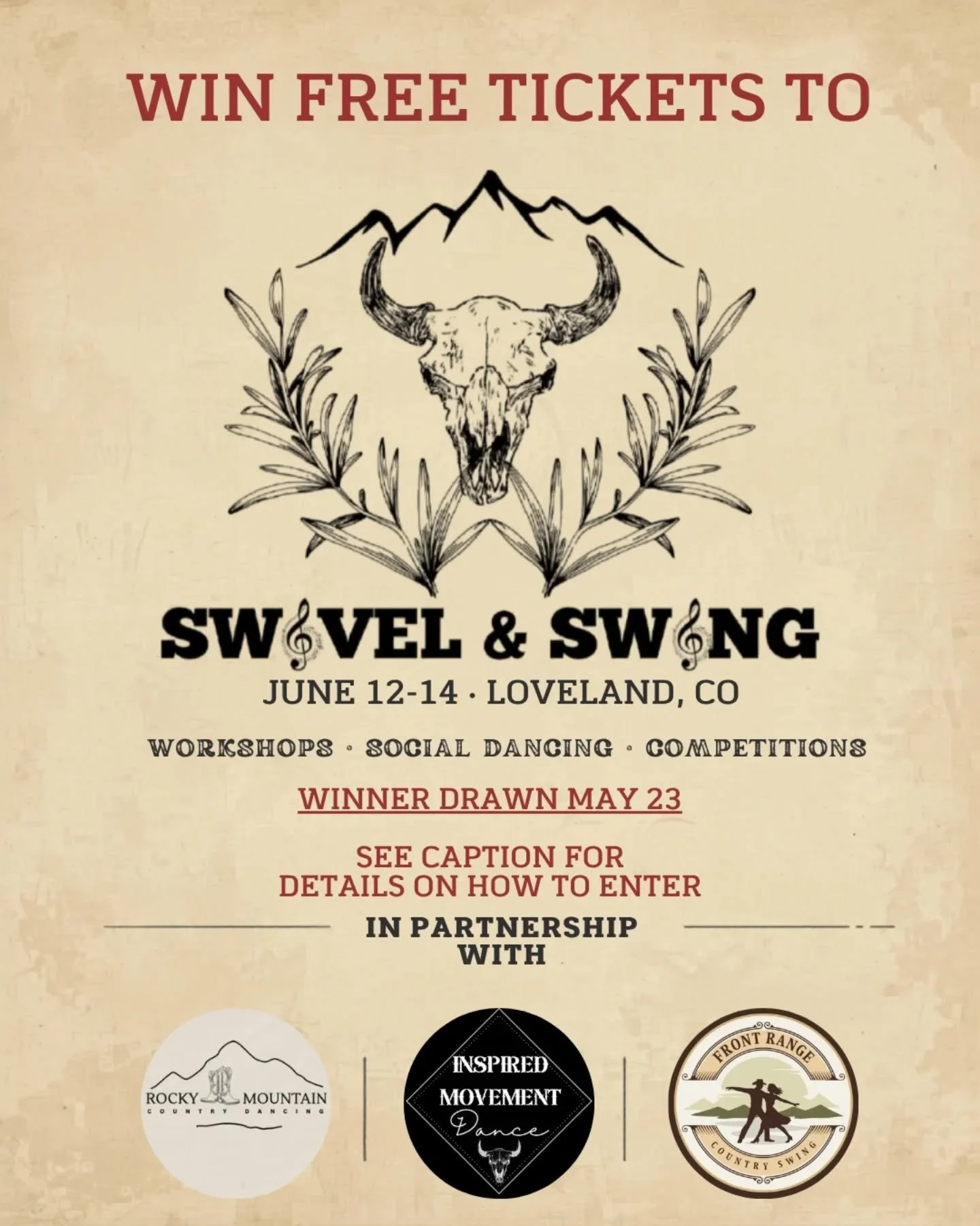 🎟️ SWIVEL &amp; SWING TICKET GIVEAWAY 🎟️
Win Two tickets to one of Colorado's best country dance weekends &mdash; @swivelandswing, June 12-14 in Loveland, CO.
A full weekend of country swing, line dance, two-step, and waltz. NCDC-sanctioned pointed