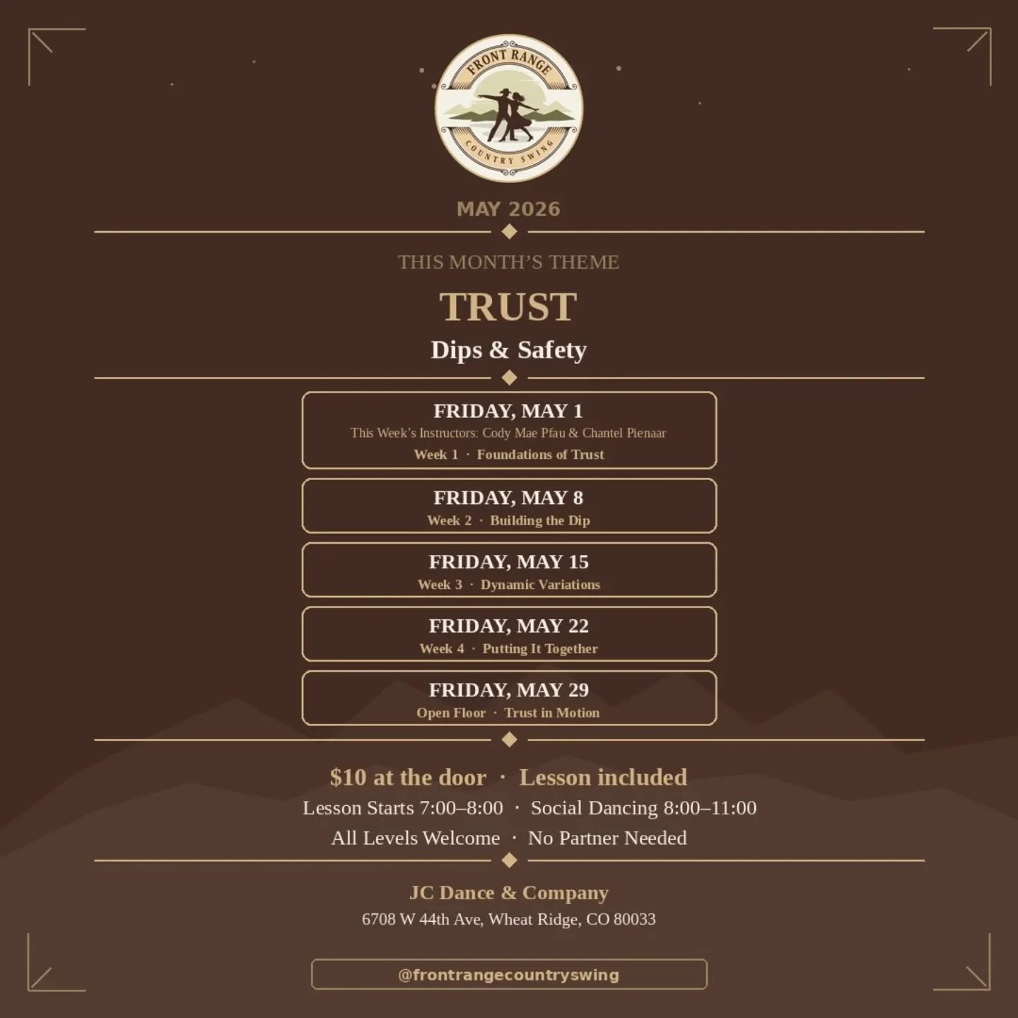 Trust is the thing that makes everything else possible on a dance floor.
This month's theme at FRCS: 
Trust &middot; Dips &amp; Safety.
📍 Every Friday @jc_danceandcompany
 6708 W 44th Ave, Wheat Ridge, CO 80033
🕖 Lesson at 7, social dancing until 1