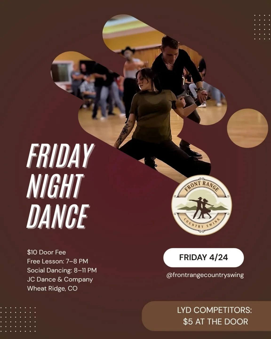 Competed at LoveYourDance last weekend? Bring your pass and get in for $5 (normally $10).
Lesson 7&ndash;8 PM (free with entry)
Social dancing 8&ndash;11 PM
All levels welcome. No partner needed

6708 W 44th Ave, Wheat Ridge, CO 80033
@jc_danceandcom