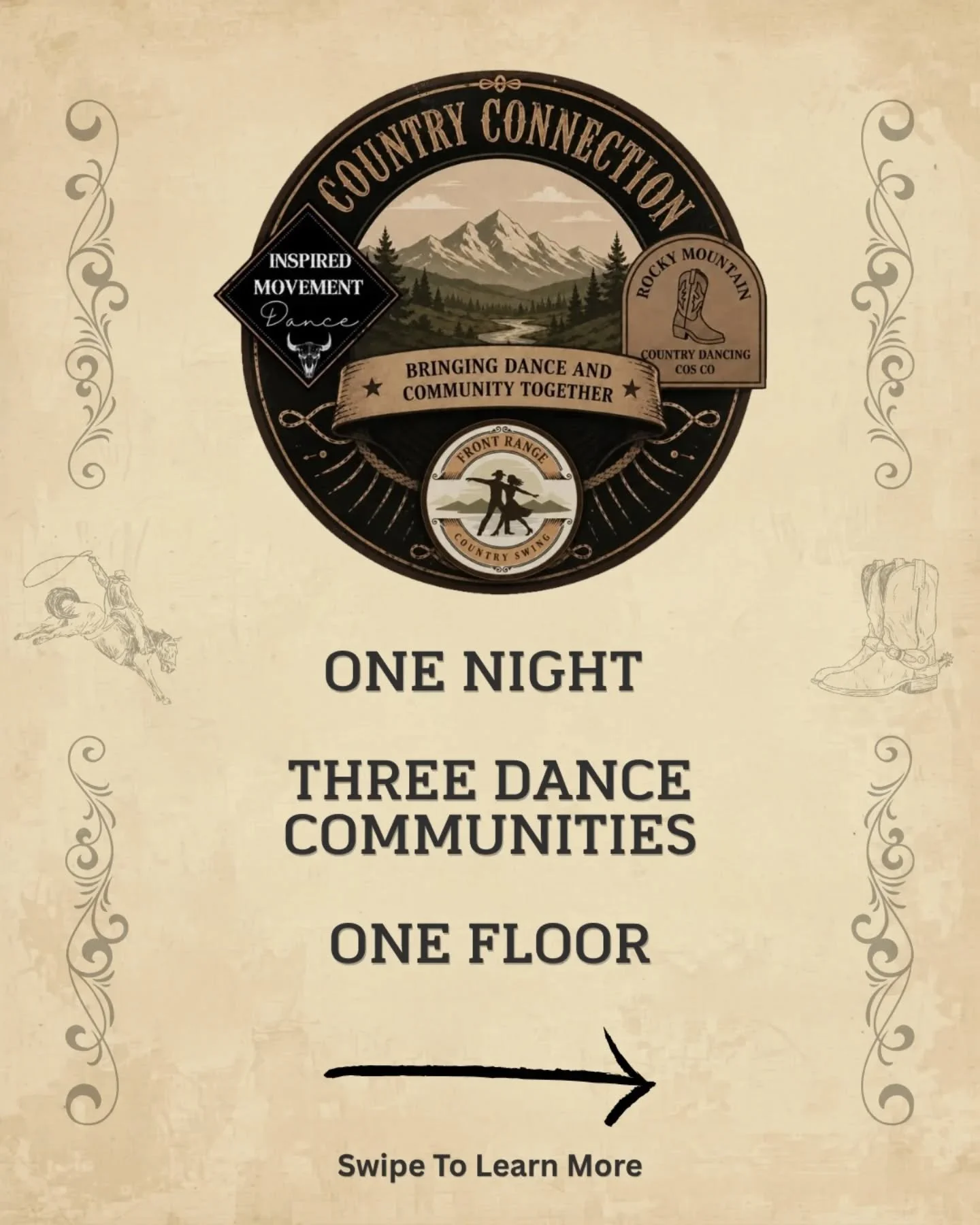 Country Connection is coming to Denver. 🤠
One night. Three communities. One floor.

We're bringing together dancers from Northern Colorado, Colorado Springs, and Denver for a country social built on what matters most &mdash; connection. Whether it's