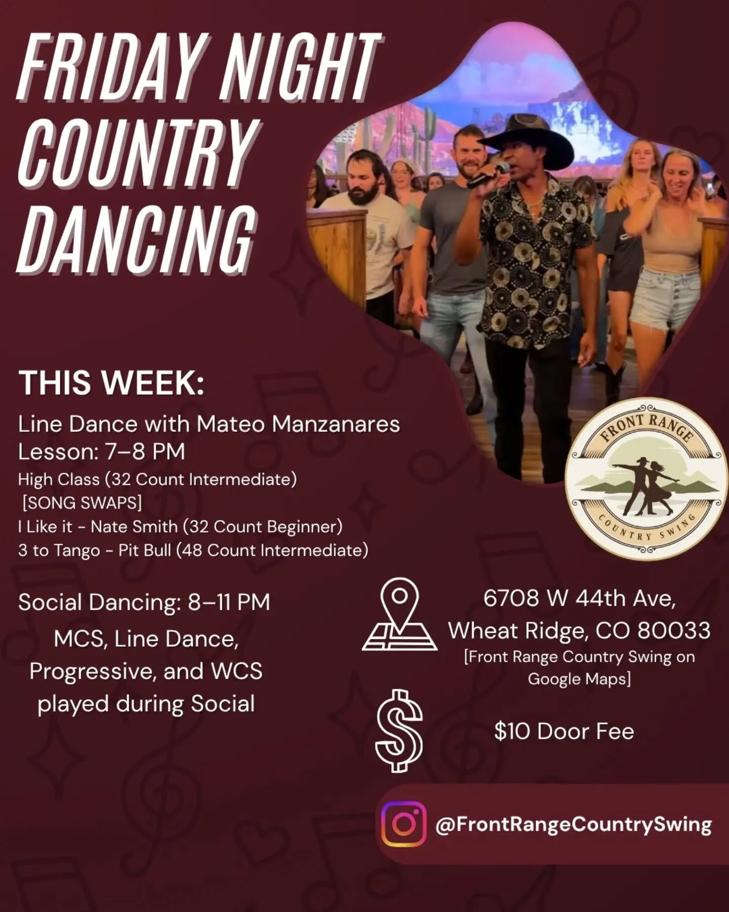 This Friday we've got @mateo_manz in the house for a line dance night. 🤠

He's teaching High Class (32-count intermediate) with some fun song swaps, then I Like It by Nate Smith (32-count beginner), and closing the lesson with 3 to Tango by Pitbull 