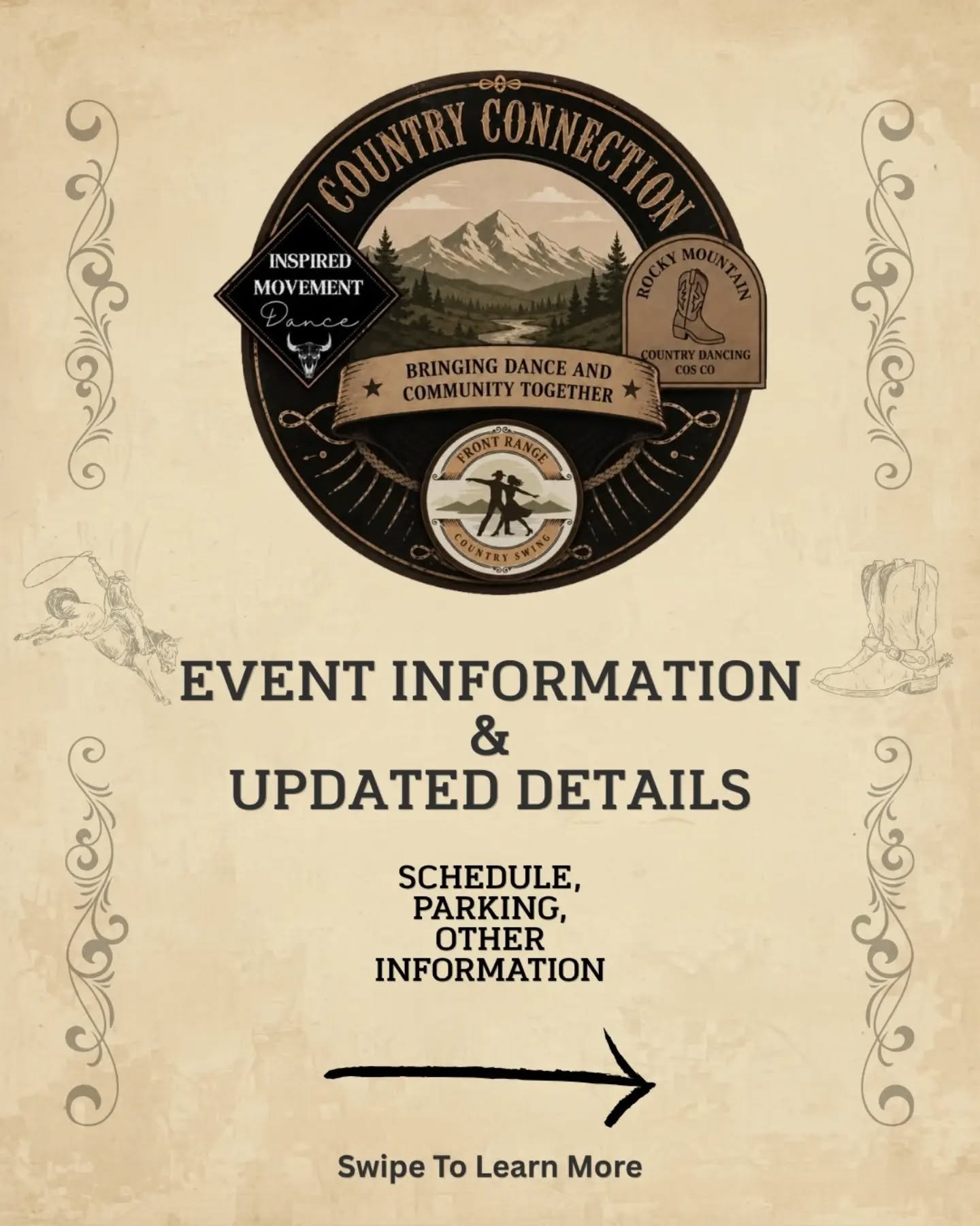Are you coming? 📣 UPDATED DETAILS &mdash; Country Connection is THIS SATURDAY 🤠
One night. Three communities. One floor. Rocky Mountain Country Dancing, Inspired Movement Dance, and Front Range Country Swing are joining forces for a night built on 
