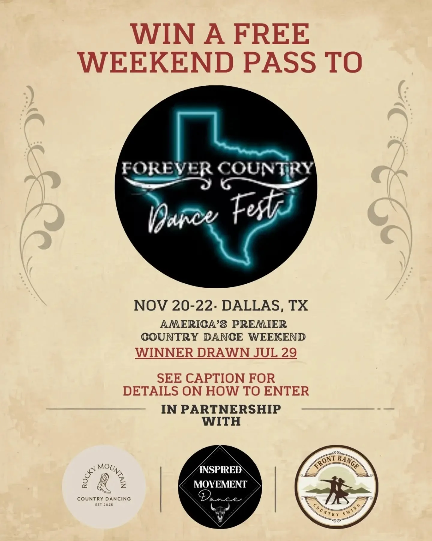 🎟️ FOREVER COUNTRY DANCE FEST GIVEAWAY 🎟️

Win a full weekend pass to one of the country's biggest country dance weekends &mdash; Forever Country Dance Fest, Nov 20&ndash;22 in Dallas, TX. A full weekend of country swing, line dance, two-step, and 