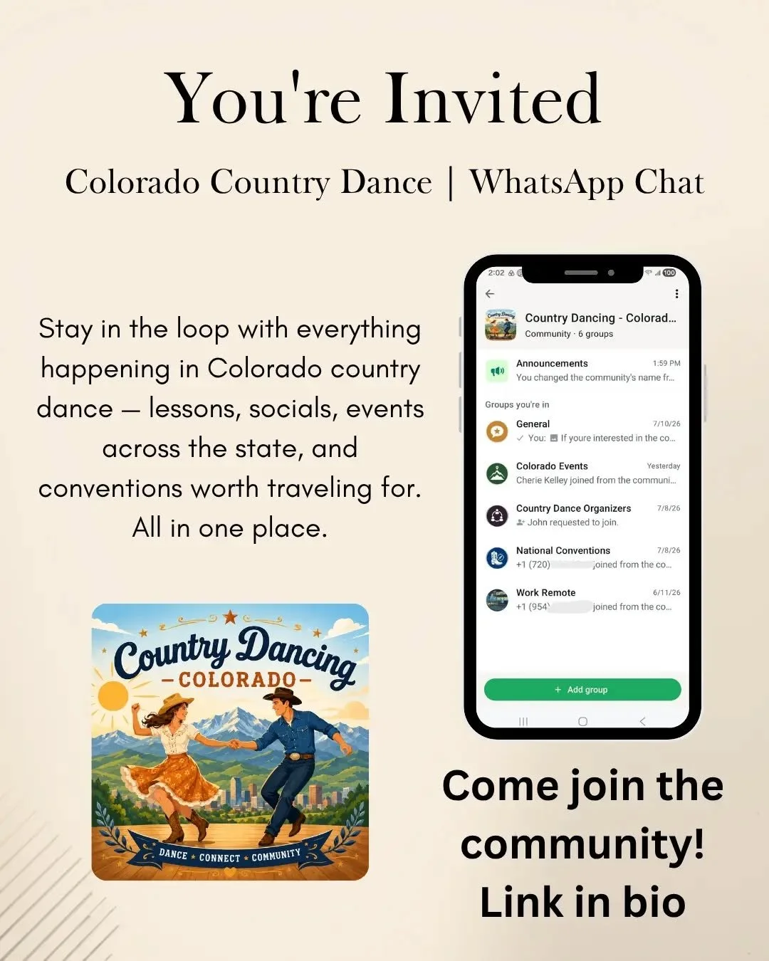 The Colorado country dance community has a group chat. And you're invited. 🤠

Country Dancing &ndash; Colorado is the WhatsApp community for country dance across the state. Never wonder where the good nights are, never find out about an event after 