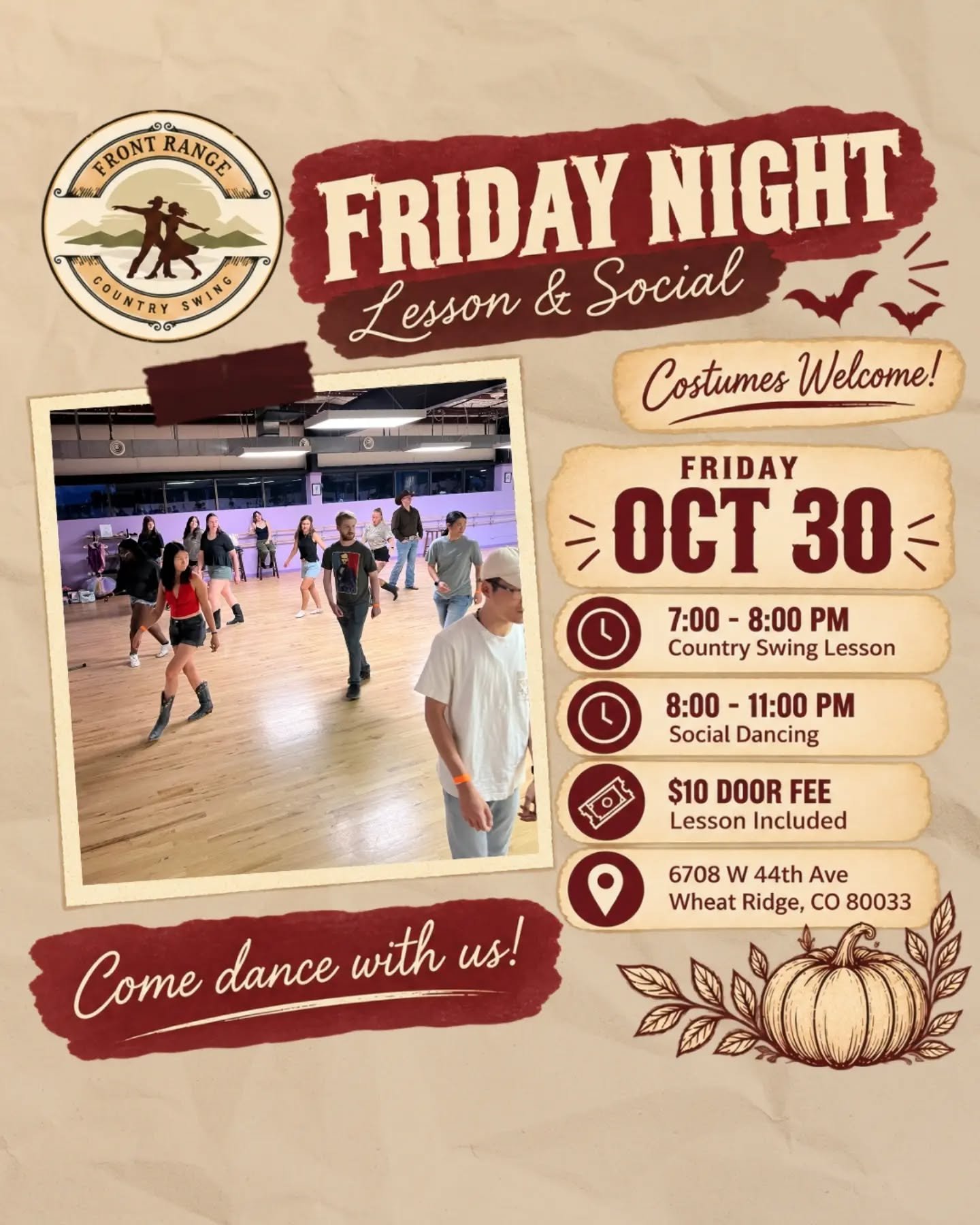 Join us for Halloween weekend in the dance studio 🎃 for our country swing lesson and social. 
Come as you are, or come in costume. Cowboys, witches, and everything in between are welcome on the floor.

7:00 PM: Country swing lesson, all levels, no p
