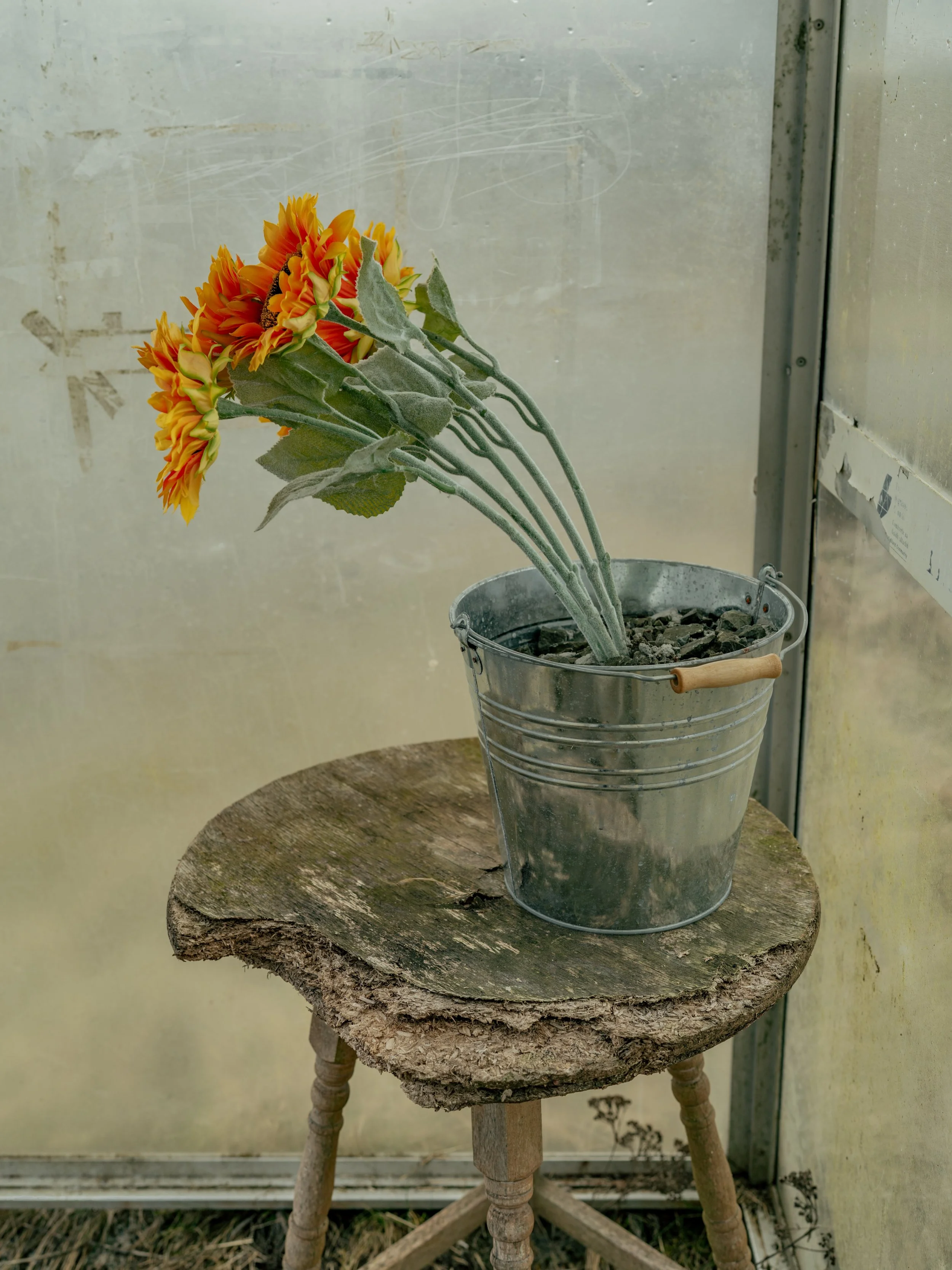 A bouquet of artificial orange and yellow sunflowers with green leaves in a clear glass vase, placed on a rustic round wooden table.