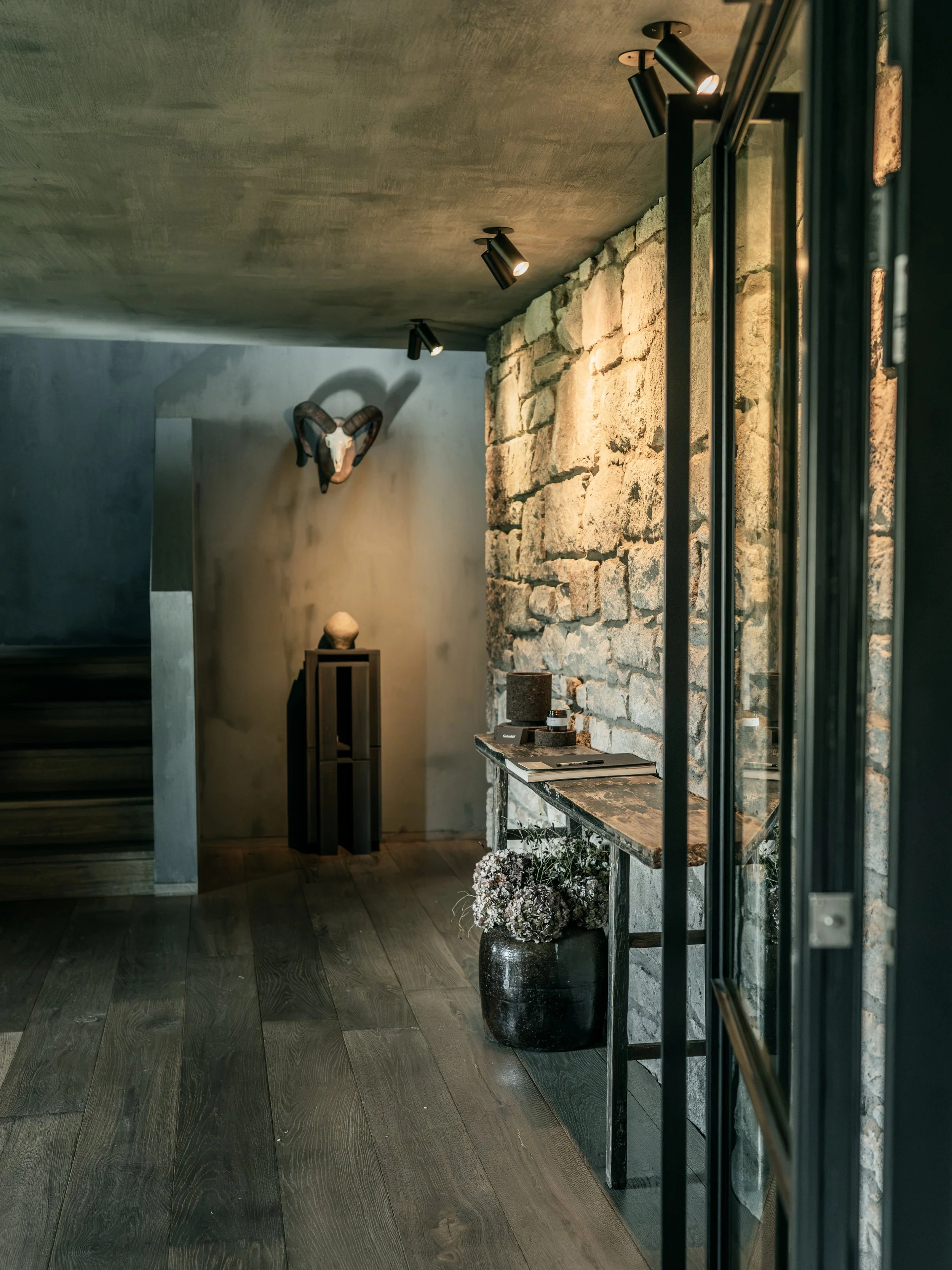 Interior of a modern house with stone wall, wooden flooring, and decorative wall-mounted animal skull, viewed through a glass door with black metal frame.