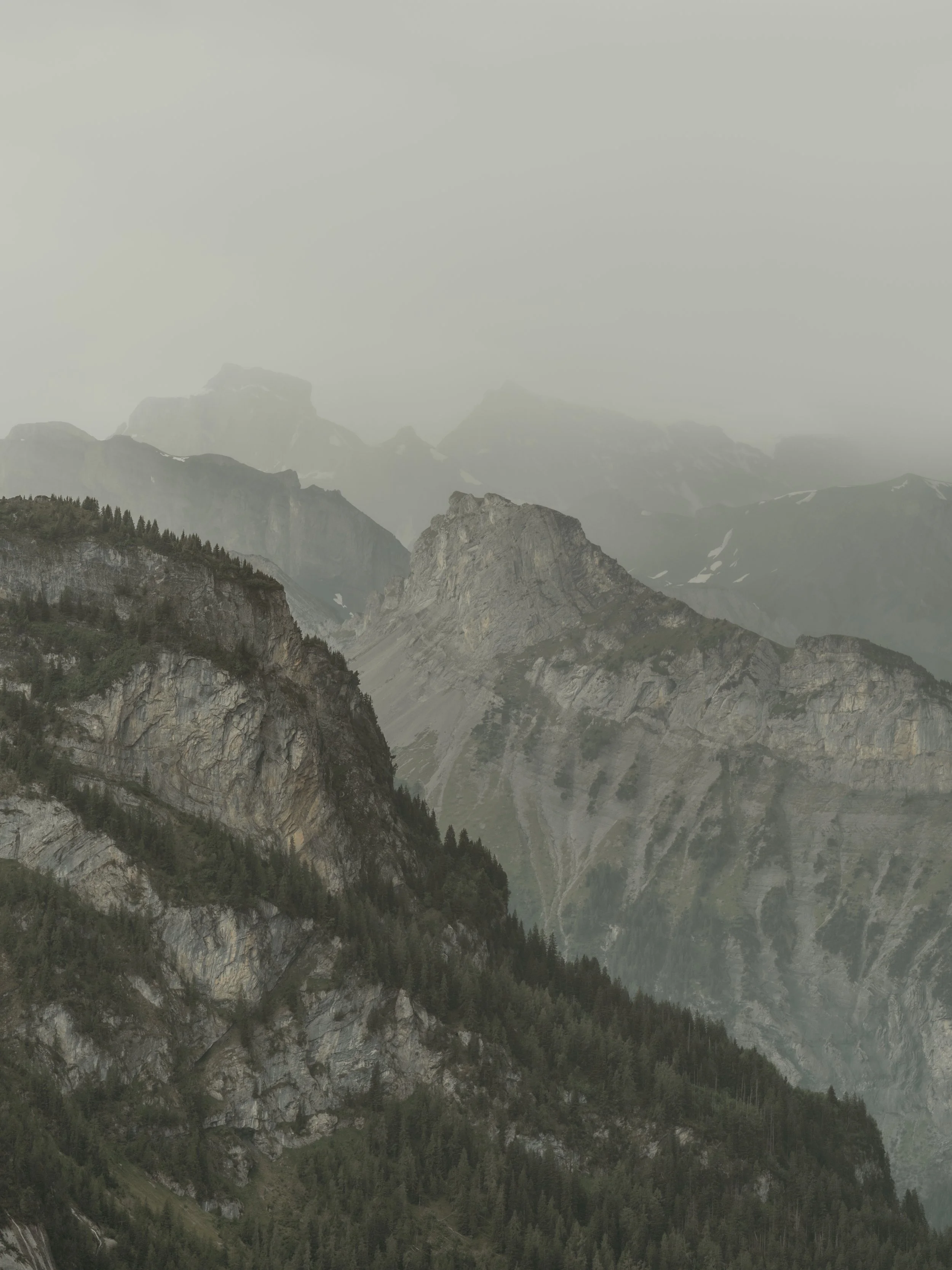 Layered mountain landscape with rocky peaks and forested slopes, atmospheric haze in the background.