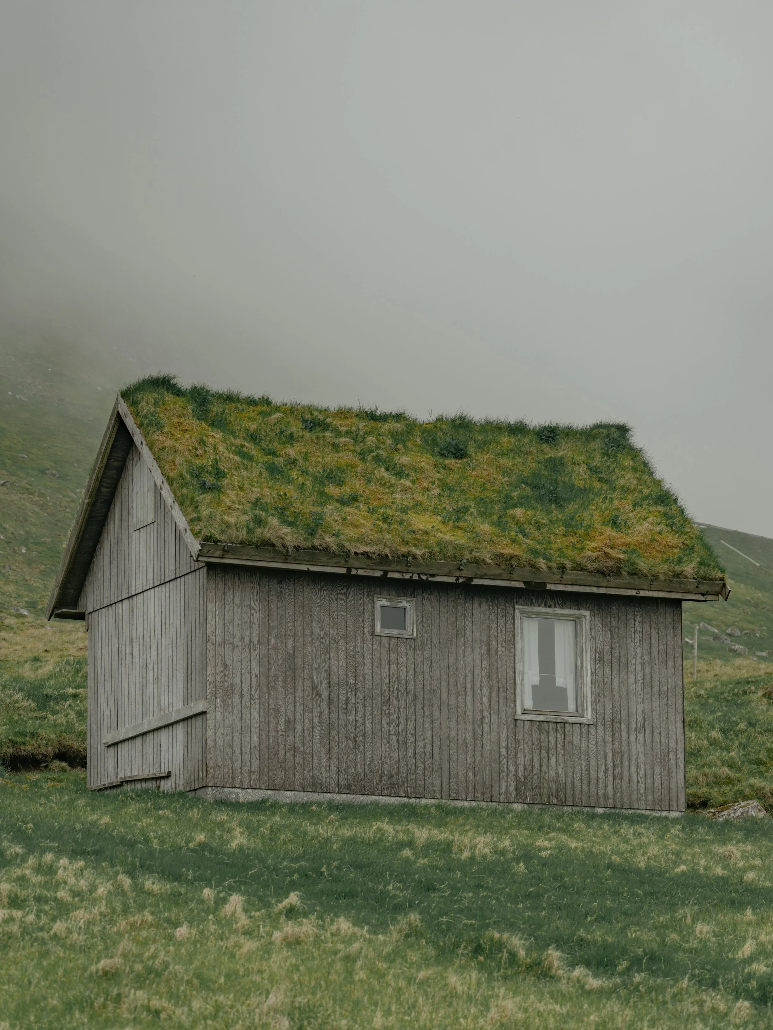 A rustic wooden house with a moss-covered roof in a grassy field, surrounded by mountains and foggy sky.