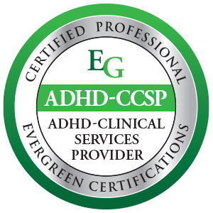 CIRCULAR BADGE IN GREEN AND GRAY WITH TEXT ADHD-CLINICAL SERVICES PROVIDER EVERGREEN CERTIFICATIONS