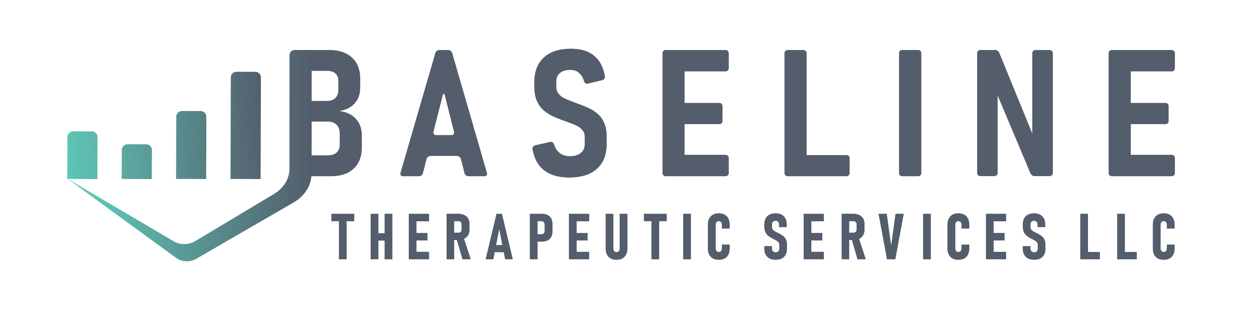 Baseline Therapeutic Services LLC Logo in light to dark teal blue green.  BASELINE is large across the top.  On the left of the text is a four tier bar graph that ties into the B of BASELINE.