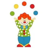 A colorful cartoon clown juggling multi-colored balls.