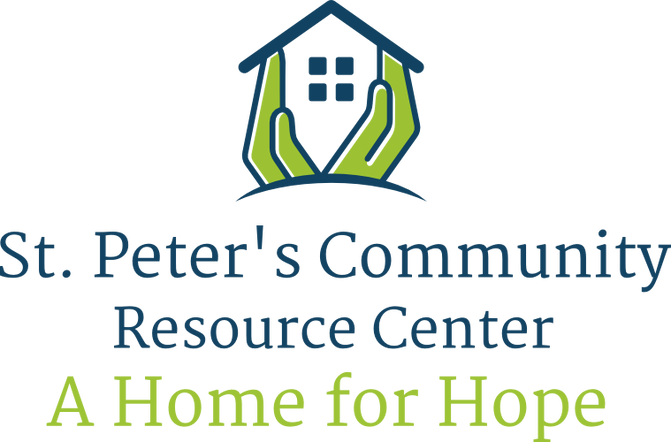 St Peter's Community Resource Center Logo in blue and green, with graphic of a house being formed from two hands.  Text under name A Home for Hope.