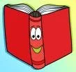 A red cartoon book with a smiling face on the binding.