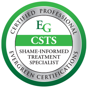 CIRCULAR BADGE IN GREEN AND GRAY WITH TEXT CERTIFIED PROFESSIONAL EG CSTS SHAME-INFORMED TREATMENT SPECIALIST EVERGREEN CERTIFICATIONS