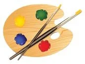 A cartoon artist pallet with paint and brushes.