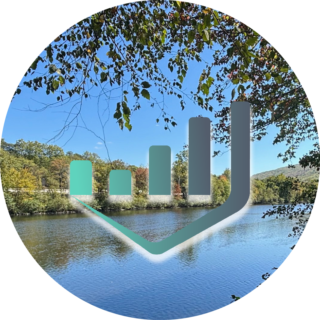 A circular frame with a mini version of Baseline Therapeutic Services LLC bar graph logo over a photo background of the Lehigh River in early autumn with a clear blue sky.