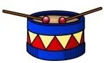 A blue, red, and yellow toy drum cartoon graphic.