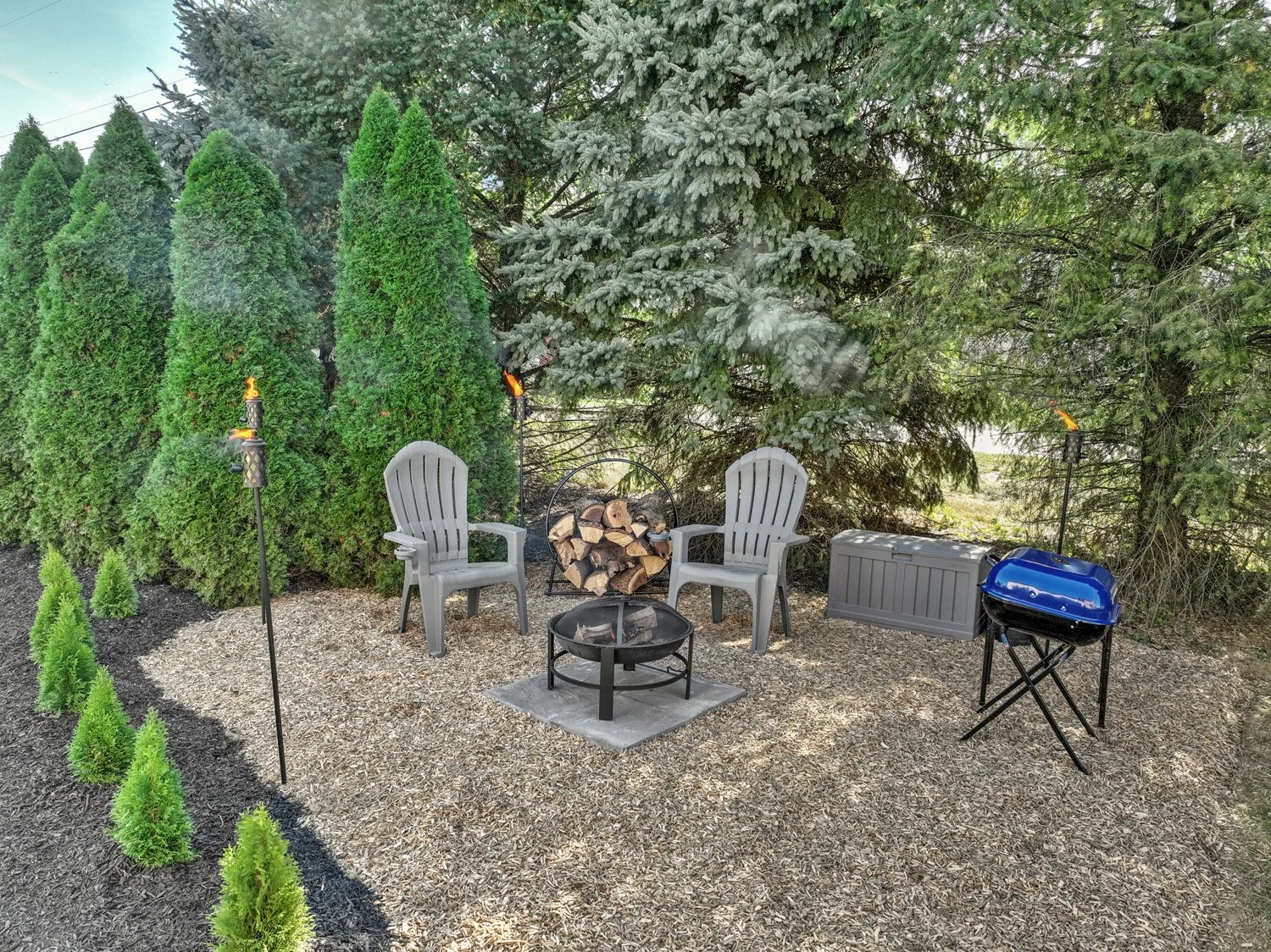 Backyard cozy firepit area with two gray Adirondack chairs, a firepit, a stack of firewood, and a small grill, surrounded by tall green evergreens and a large pine tree on the right.