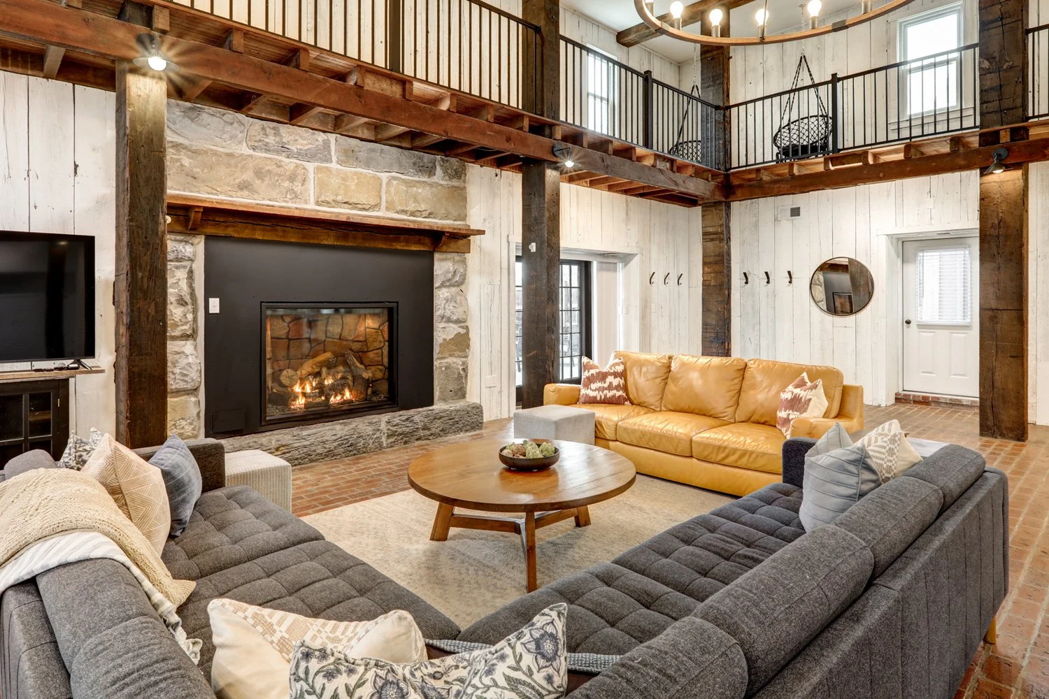 Propane fireplace in the living room area in the great room