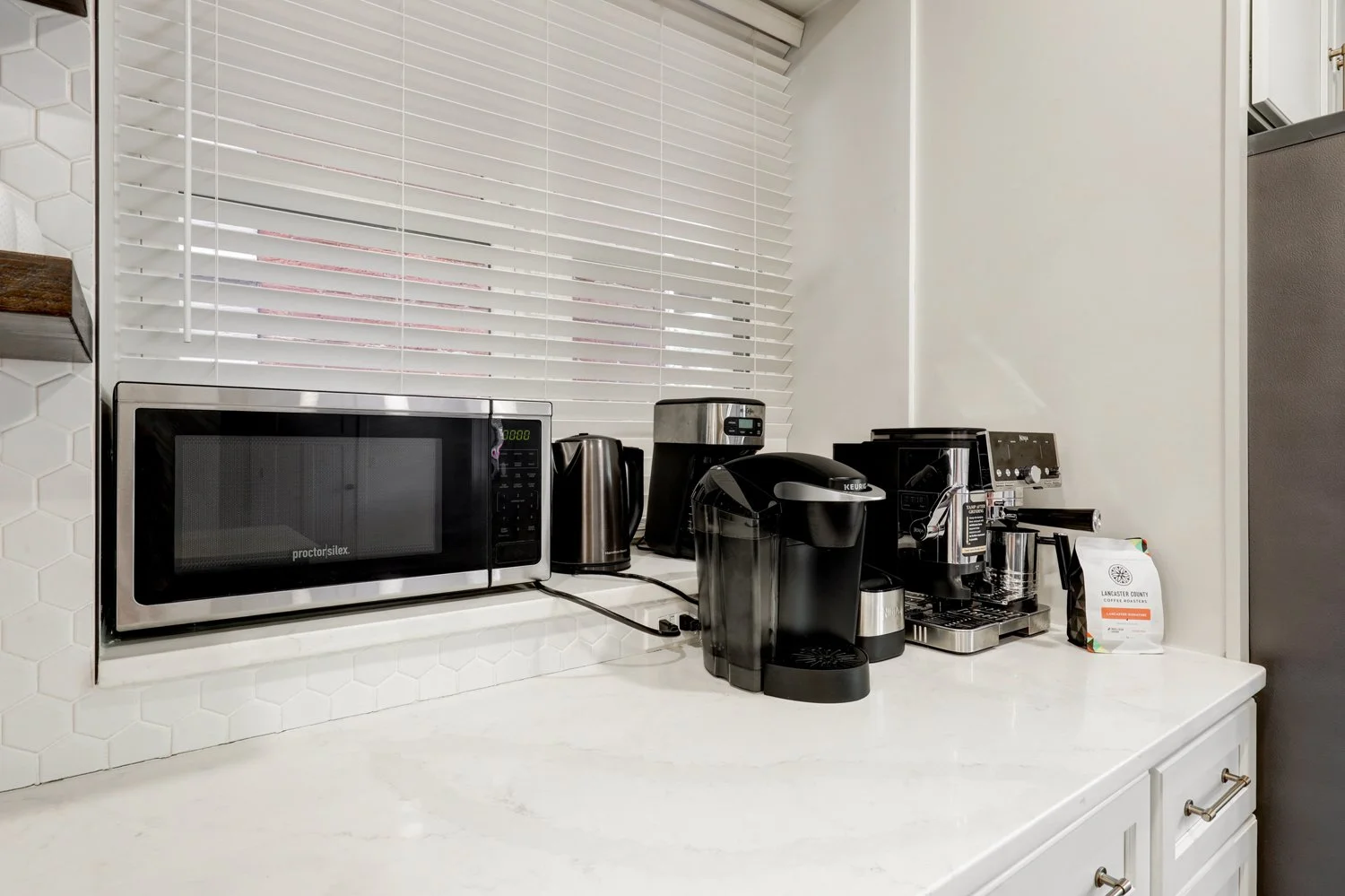 Ninja Luxe espresso machine(locally sourced espresso beans provided), Keurig & drip coffee maker, tea kettle, and French press(ground coffee not provided) 