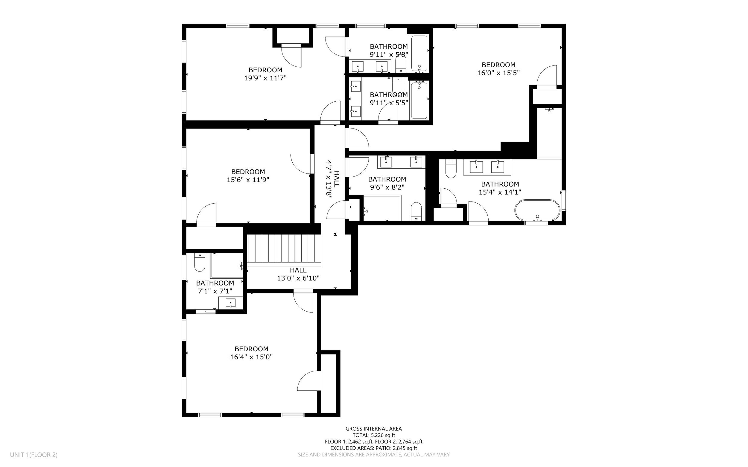 Floor plan of a residential unit with multiple bedrooms and bathrooms, showing room dimensions and layout.